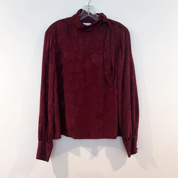 Wilfred Maroon Bronze Satin Floral Tie Neck Bohemian Classic Blouse Small - Picture 2 of 11